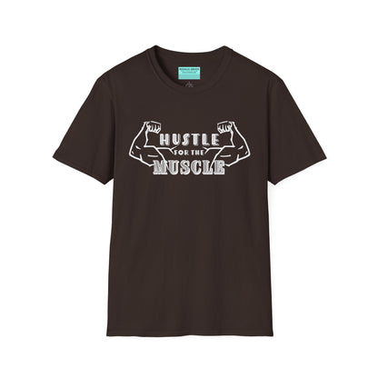 Brown unisex short sleeve t-shirt featuring a pair of flexed, muscle-bound arms and the bold text "Hustle for the Muscle"—because gains don’t come from wishes, they come from reps.