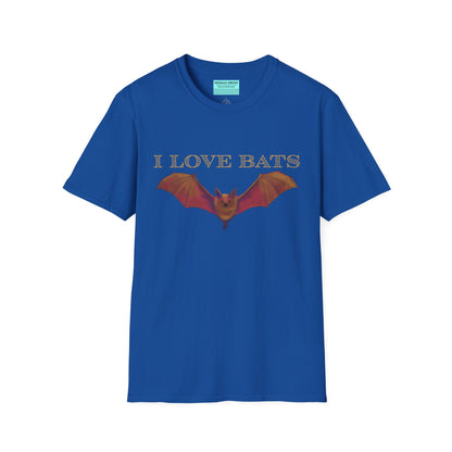 Royal blue t-shirt featuring an irresistibly adorable brown bat with outstretched wings across the chest and the text “I love bats” — perfect for anyone who’s batty about flying mammals.