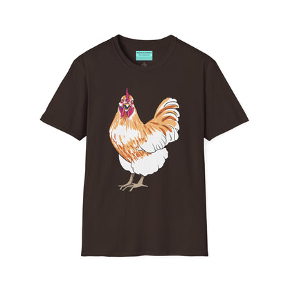 Brown t-shirt featuring an illustration of a chicken.
