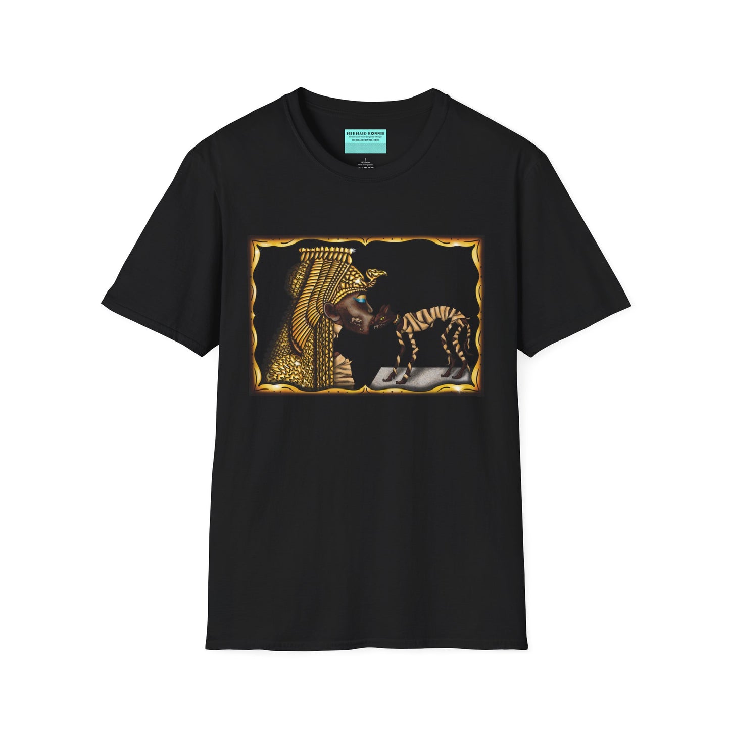 Black t-shirt featuring an illustration of Cleopatra mummy kissing a cat mummy.
