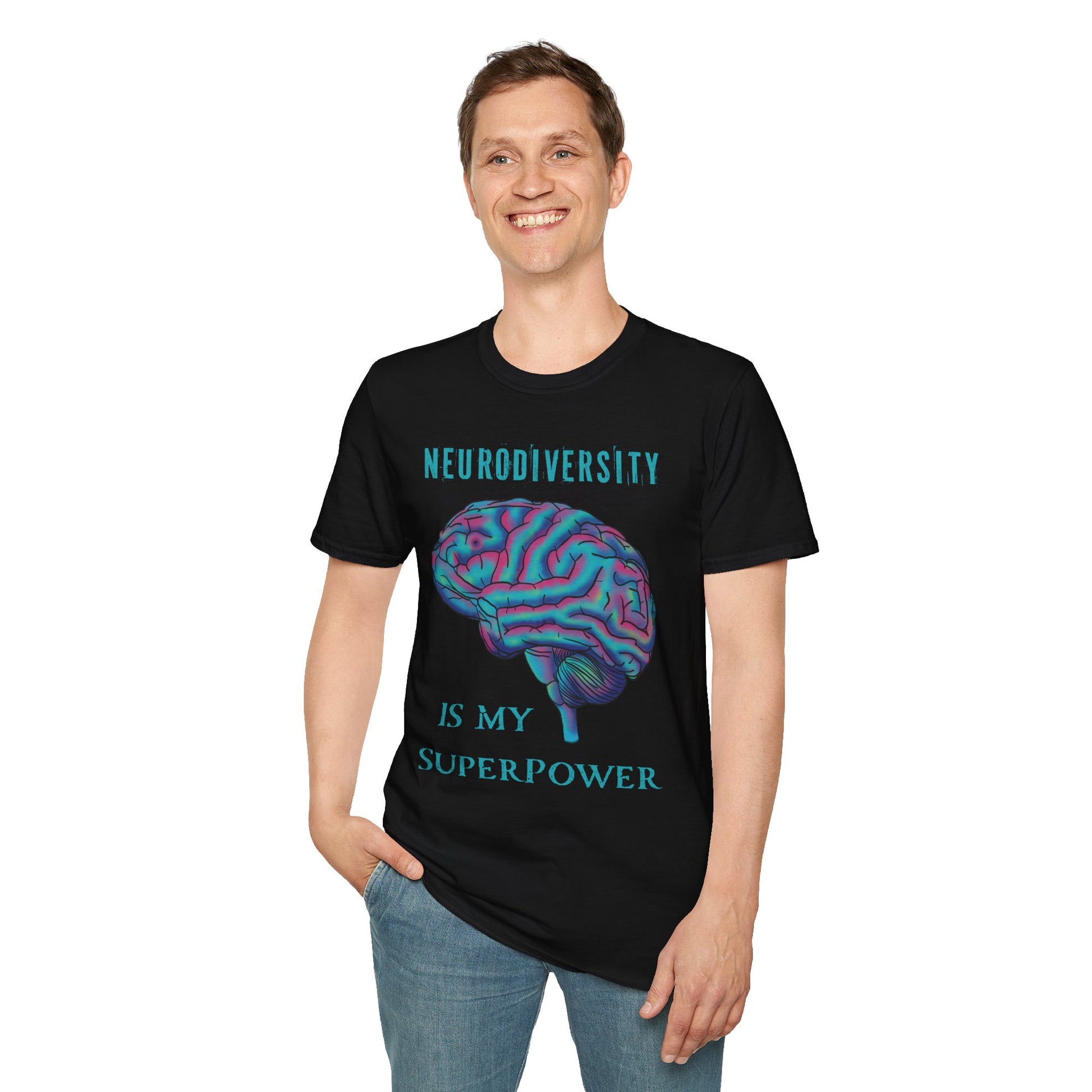Man wearing a black t-shirt featuring an anatomical drawing of a brain, with the phrase 'Neurodiversity is my superpower' printed on it.