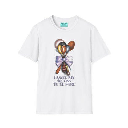 White t-shirt with an illustration of a bouquet of spoons and the phrase 'I saved my spoons to be here' printed on the front.