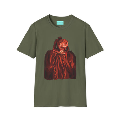 Green t-shirt featuring an illustration of a headless Marie Antoinette holding her own head in her hands.