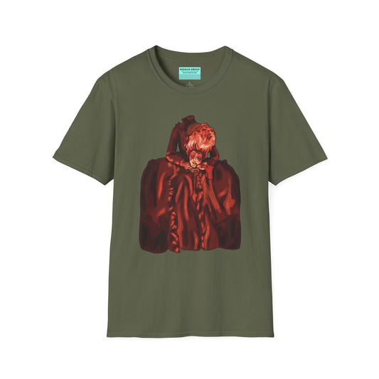 Green t-shirt featuring an illustration of a headless Marie Antoinette holding her own head in her hands.