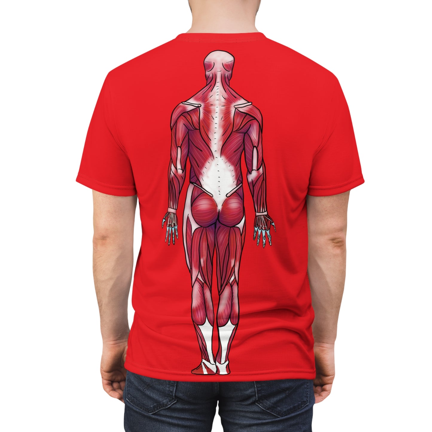 Man wearing a red athletic t-shirt featuring a detailed posterior view diagram of the human muscular system printed on the back.