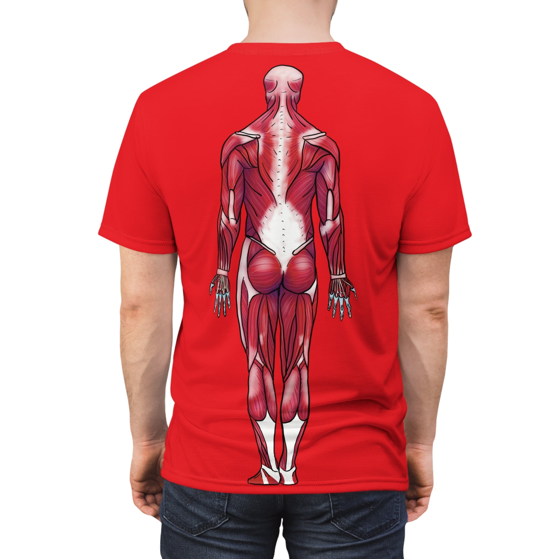 Man wearing a red athletic t-shirt featuring a detailed posterior view diagram of the human muscular system printed on the back.