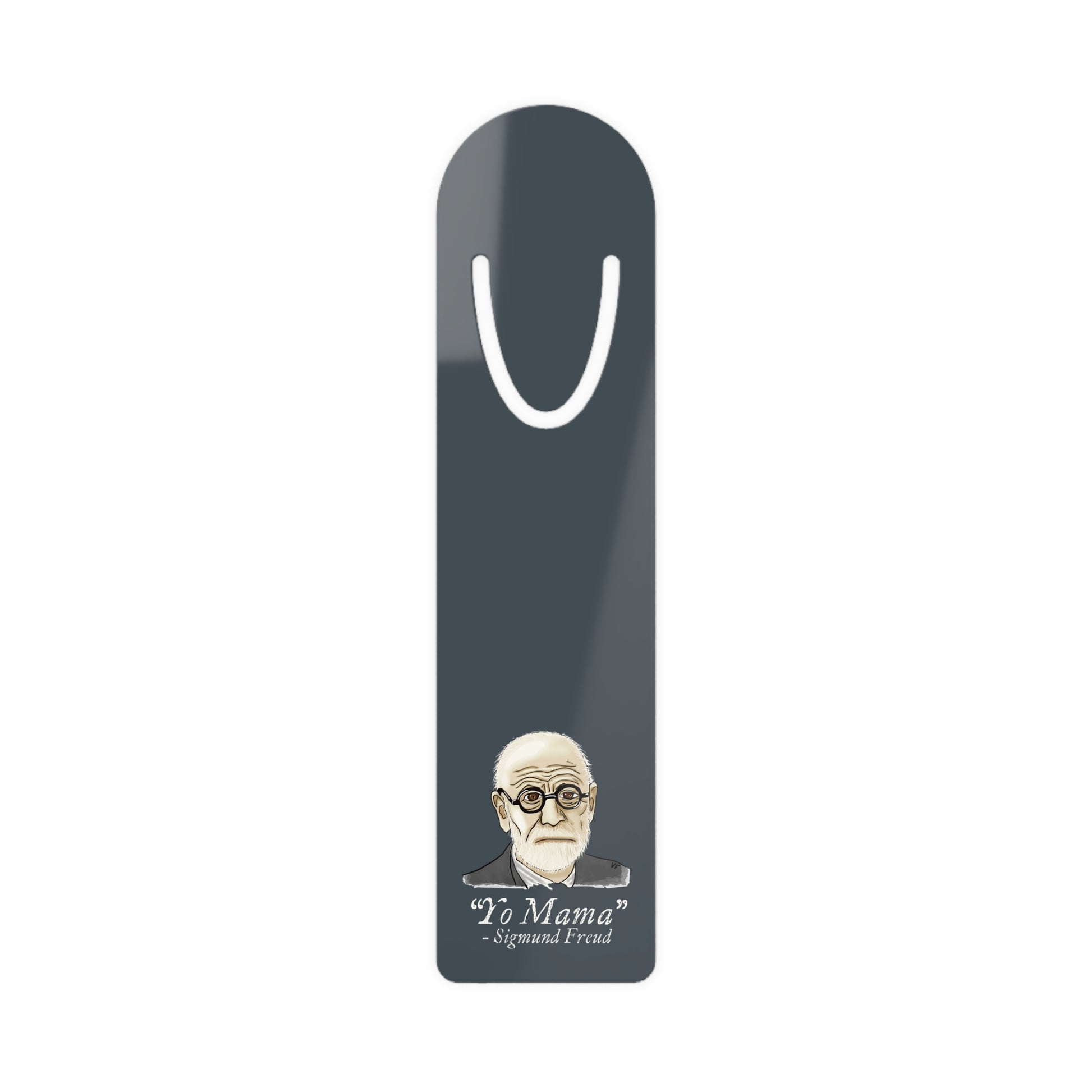 Dark grey-blue aluminum bookmark featuring a portrait of Sigmund Freud with humorous text that reads 'Yo Mama – Sigmund Freud.