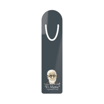 Dark grey-blue aluminum bookmark featuring a portrait of Sigmund Freud with humorous text that reads 'Yo Mama – Sigmund Freud.