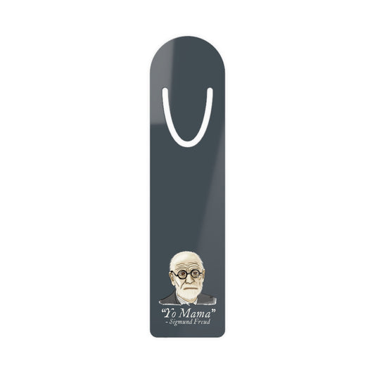 Dark grey-blue aluminum bookmark featuring a portrait of Sigmund Freud with humorous text that reads 'Yo Mama – Sigmund Freud.