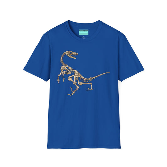 Blue unisex short sleeve t-shirt with a fierce velociraptor skeleton strutting across the chest—because who says extinct can’t be stylish?