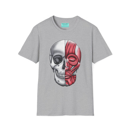 Athletic grey shirt featuring an anatomically correct skull illustration, with half of the skull covered by facial muscles.