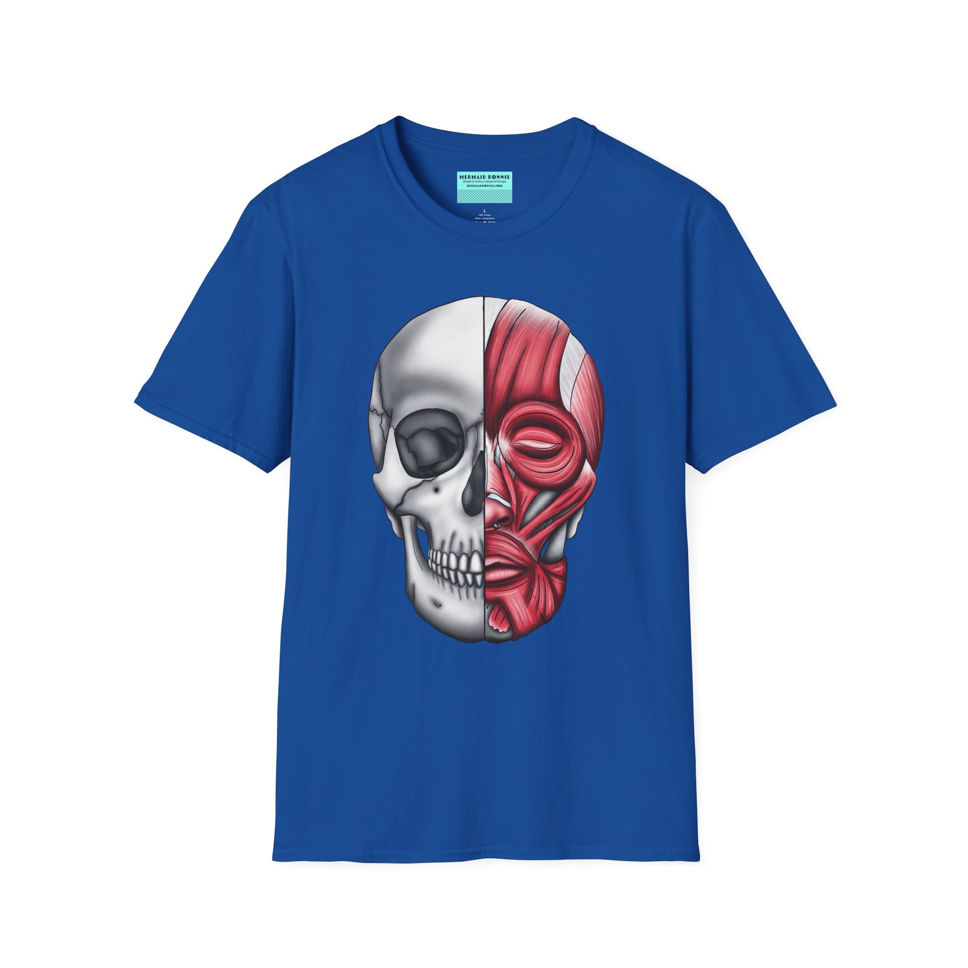 Royal blue shirt featuring an anatomically correct skull illustration, with half of the skull covered by facial muscles.