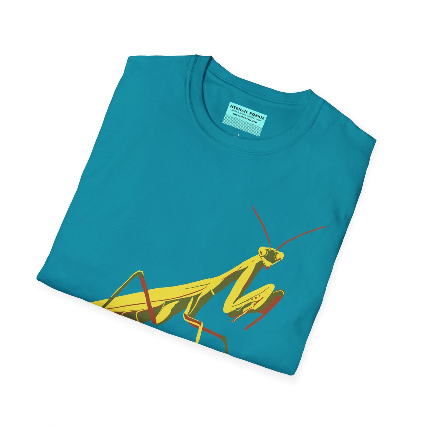 Folded blue shirt featuring an illustration of a green praying mantis on the front.