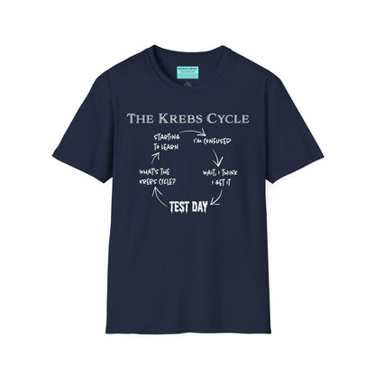 Navy short-sleeve unisex t-shirt with the text “The Krebs Cycle” above a circular diagram that pokes fun at how impossible it is to memorize the citric acid cycle—because biochemistry builds character... and tears.