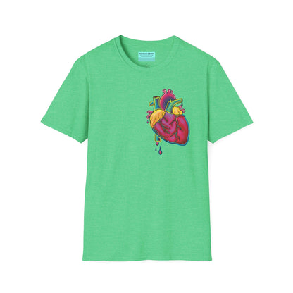 Green unisex short sleeve t-shirt featuring a bold neon anatomical heart front and off-center, complete with dripping blood vessels—because nothing says “wear your heart on your sleeve” like wearing it smack on your chest in highlighter tones.