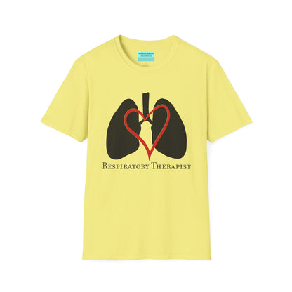 Yellow unisex short sleeve t-shirt with a graphic illustration of a heart and lungs; the words "respiratory therapist" are printed below the design.