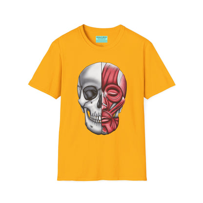Yellow shirt featuring an anatomically correct skull illustration, with half of the skull covered by facial muscles.