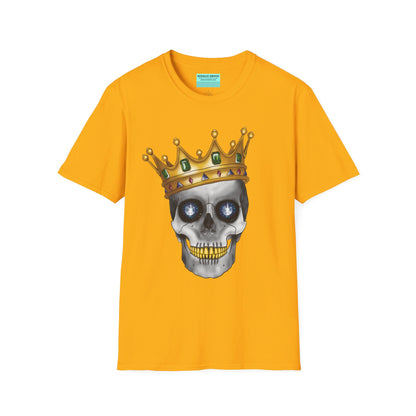 Yellow t-shirt featuring an anatomical skull wearing an ornate crown, with gold teeth, large sapphire gemstones in the eye sockets, and emeralds and rubies decorating the crown.
