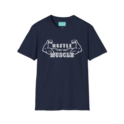 Navy unisex short sleeve t-shirt featuring a pair of flexed, muscle-bound arms and the bold text "Hustle for the Muscle"—because gains don’t come from wishes, they come from reps.