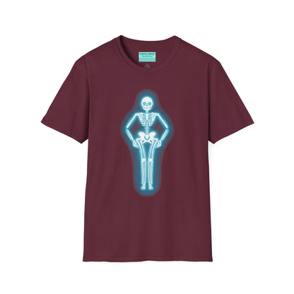 Burgundy t-shirt featuring an illustration of a glowing neon sign in the shape of a skeleton.