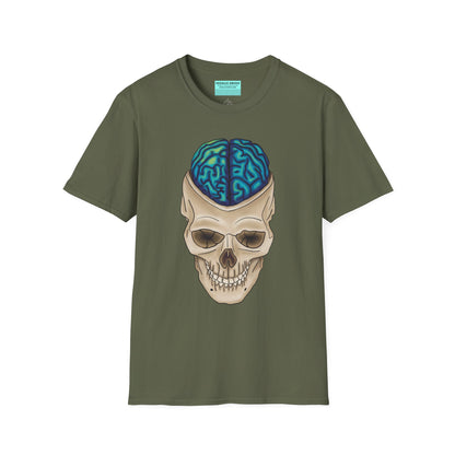 Military green t-shirt featuring a drawing of an anatomical skull, with a brain emerging from the top.