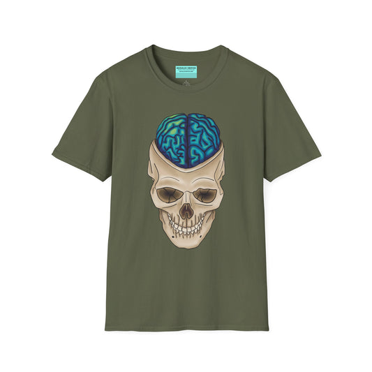 Military green t-shirt featuring a drawing of an anatomical skull, with a brain emerging from the top.