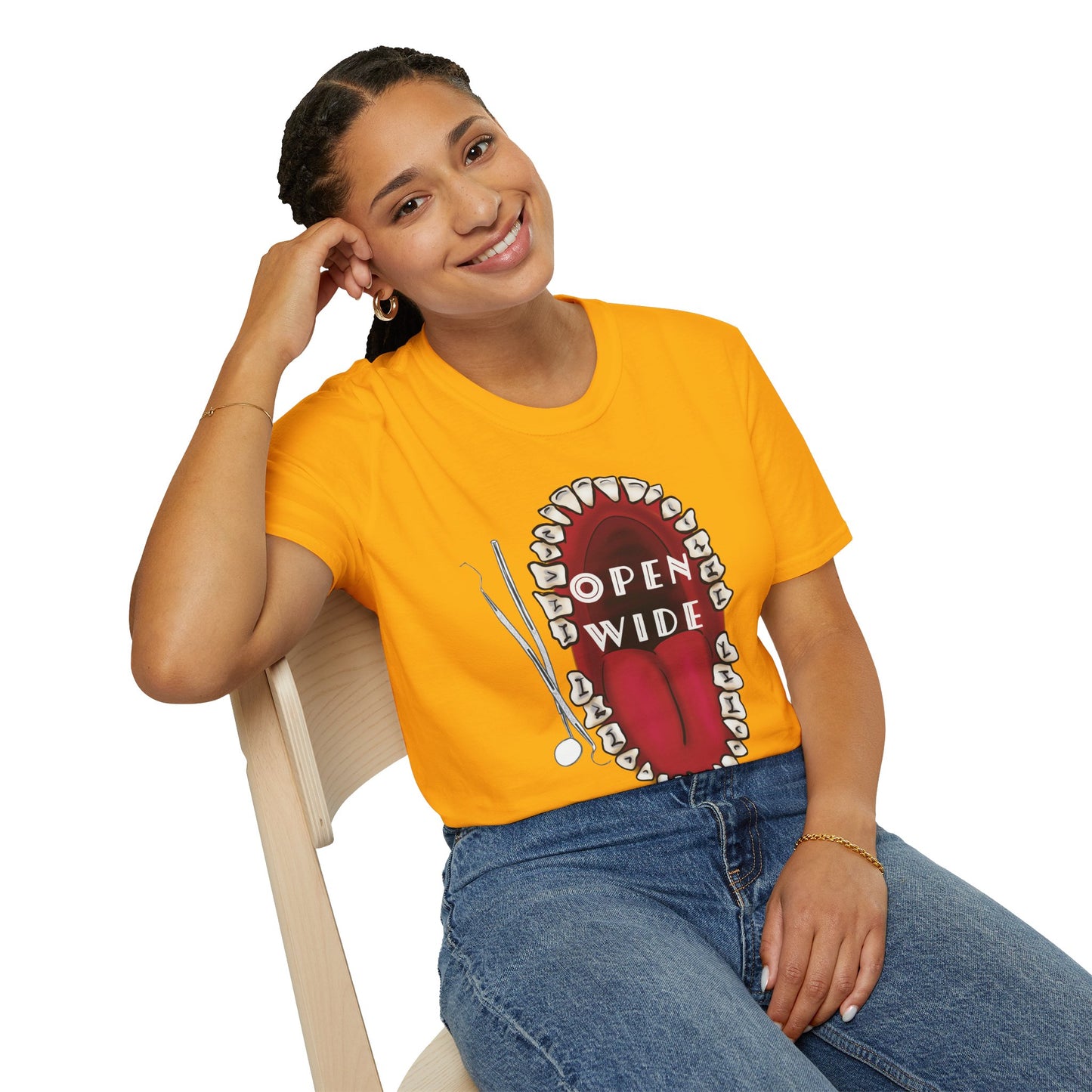 Dental Professional T-Shirt, Open Wide Design with Teeth and Dental Tools for Dentists and Dental Hygienists