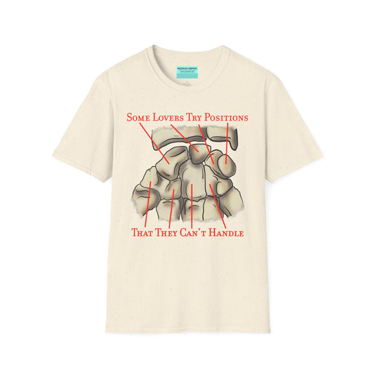 Beige t-shirt featuring an anatomical drawing of the carpal bones, with the mnemonic 'Some lovers try positions that they can't handle' displayed.