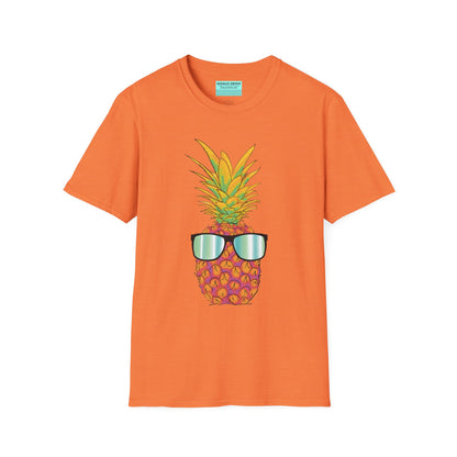 Orange t-shirt featuring a drawing of a pineapple wearing sunglasses.
