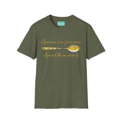Green t-shirt featuring a picture of a gold spoon and the phrase 'Spoons are precious, spend them wisely.'