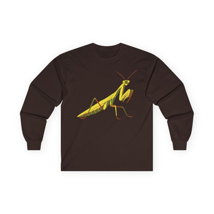 Long sleeve unisex brown shirt featuring an illustration of a yellow and green praying mantis insect on the front.