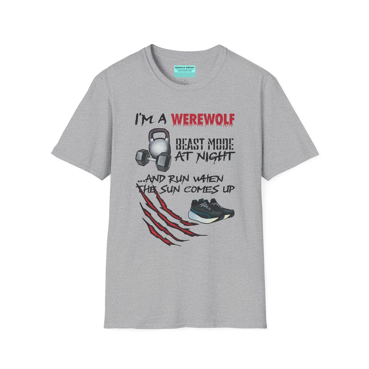 Grey t-shirt featuring illustrations of kettlebells, dumbbells, and running shoes, with the phrase 'I'm a werewolf. Beast mode at night, and run when the sun comes up.'