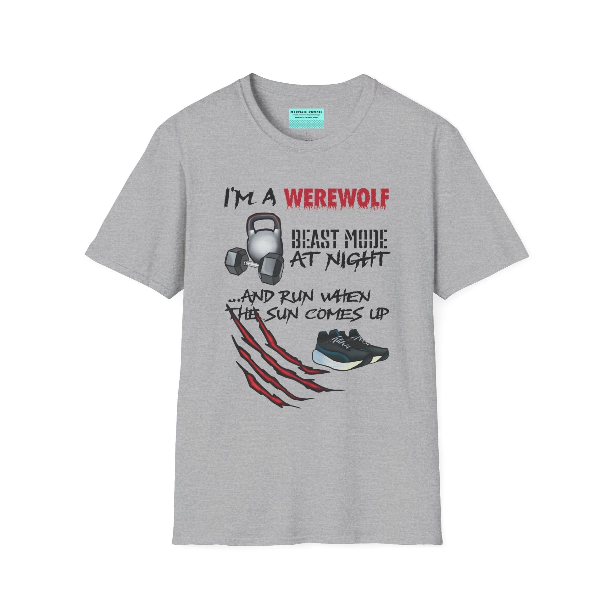 Grey t-shirt featuring illustrations of kettlebells, dumbbells, and running shoes, with the phrase 'I'm a werewolf. Beast mode at night, and run when the sun comes up.'
