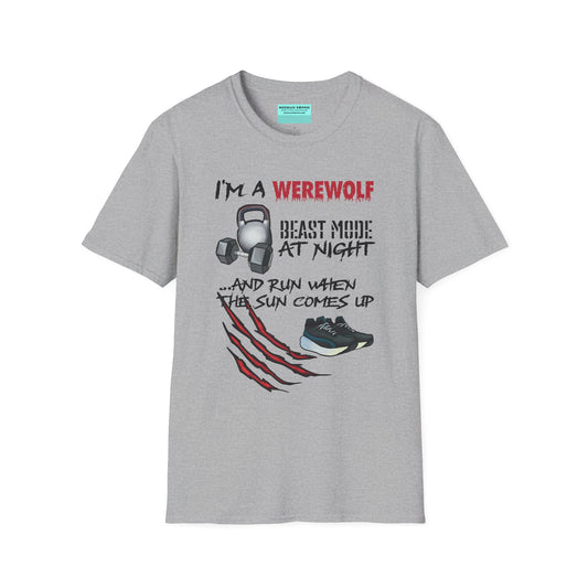 Grey t-shirt featuring illustrations of kettlebells, dumbbells, and running shoes, with the phrase 'I'm a werewolf. Beast mode at night, and run when the sun comes up.'