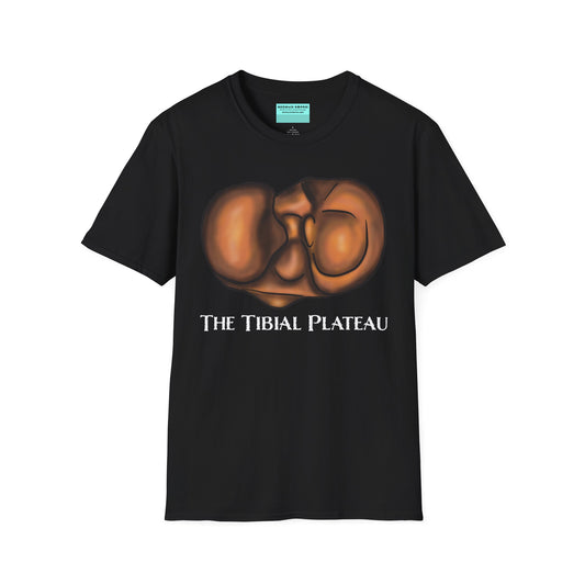 Black unisex short sleeve tee featuring a clever anatomical illustration of the tibial plateau, reimagined as a landscape with rolling hills—because who knew the tibia could be so scenic?