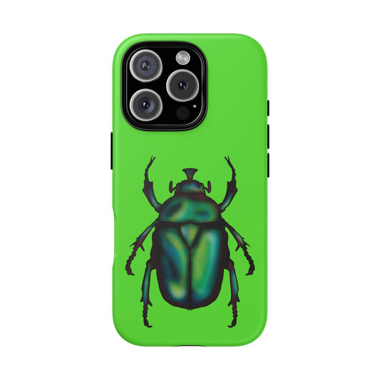 Lime green phone case featuring a dazzling illustration of a green and blue June bug—this iridescent little beetle brings all the shine without the buzz.