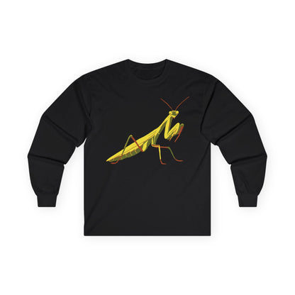 Long sleeve unisex black shirt featuring an illustration of a yellow and green praying mantis insect on the front.