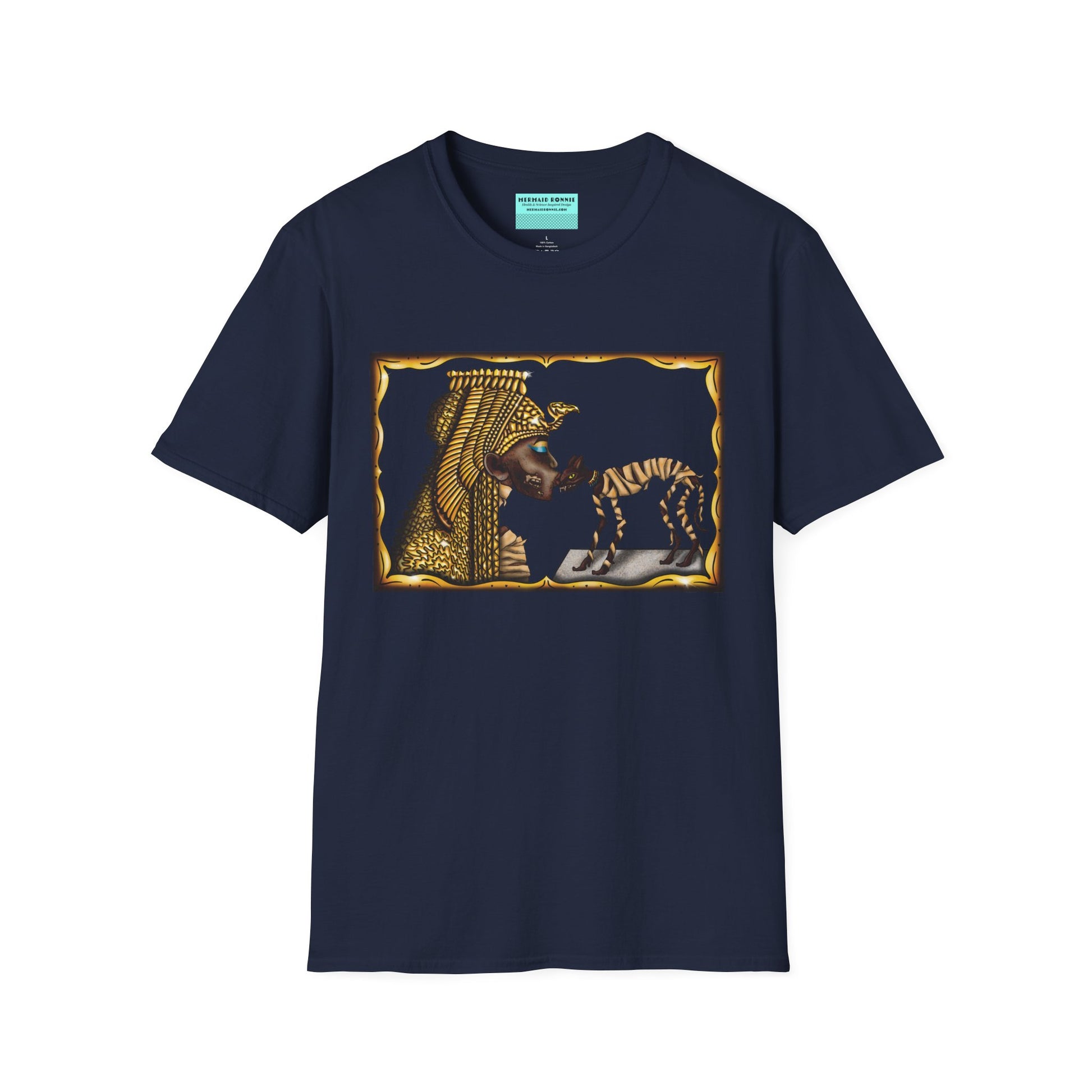 Navy t-shirt featuring an illustration of Cleopatra mummy kissing a cat mummy.