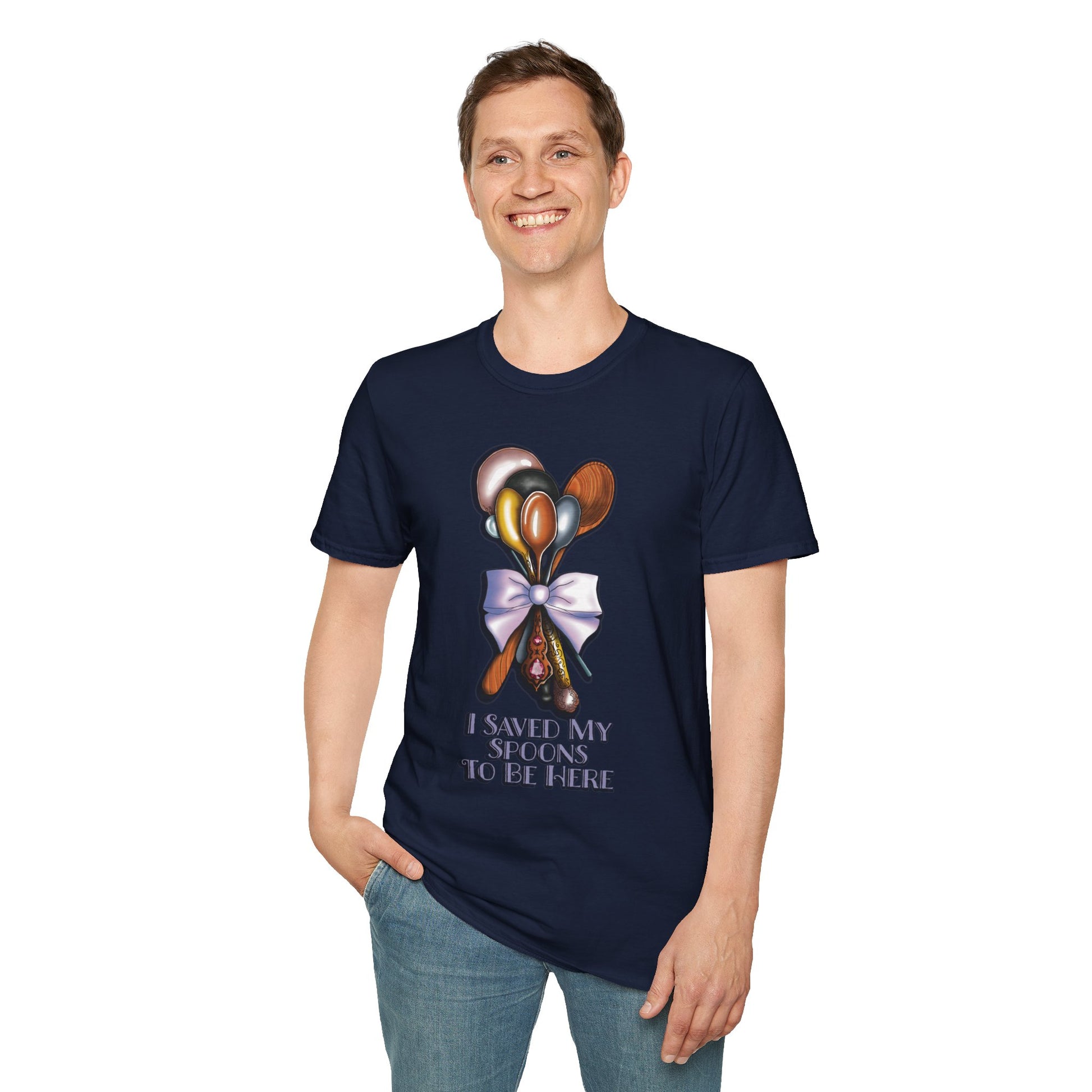 Man wearing a navy t-shirt featuring a bouquet of spoons illustration and the phrase 'I saved my spoons to be here' on the front.