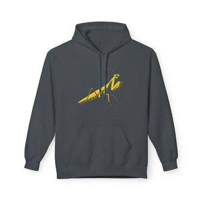 A dark grey unisex pullover hoodie featuring a striking illustration of a yellow and green praying mantis—because sometimes, you need to channel your inner insect warrior while staying cozy.