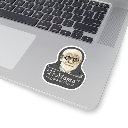 Small sticker adhered to a computer featuring a portrait of Sigmund Freud with the humorous quote 'yo mama' written below him.