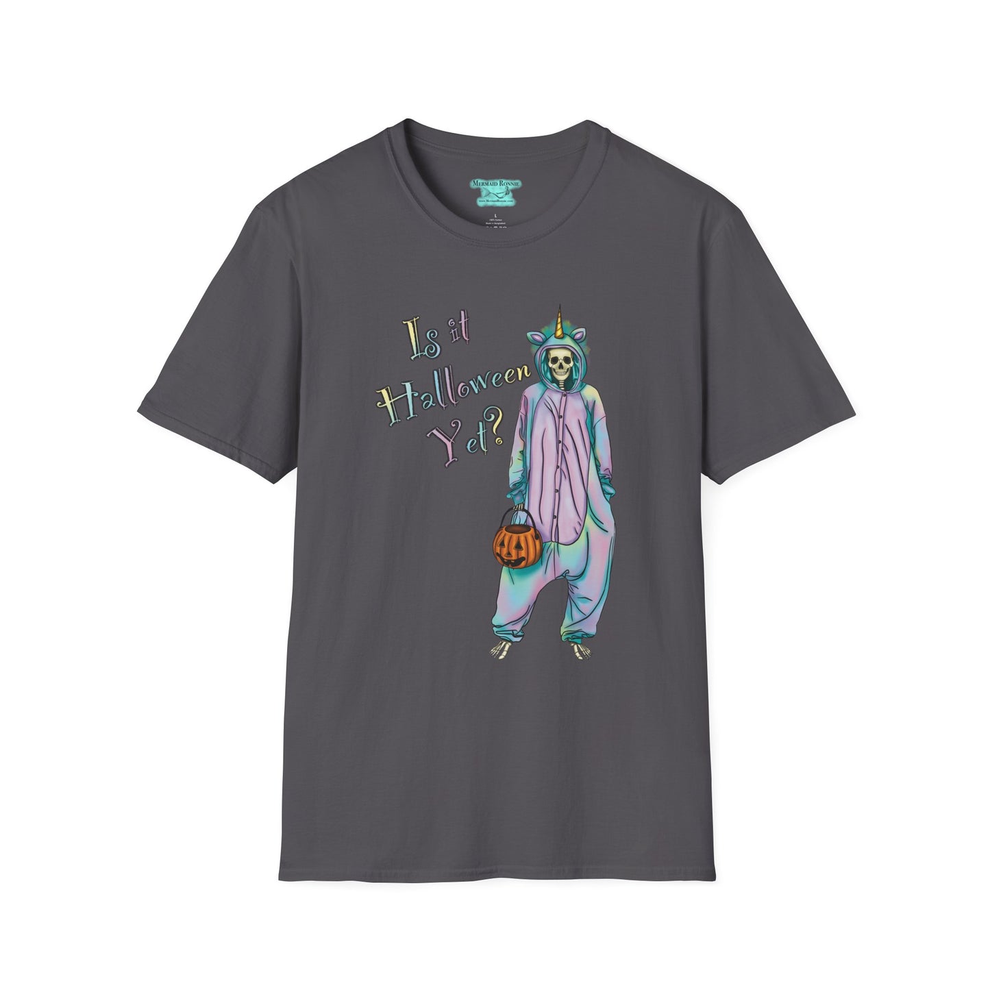 Halloween Skeleton T-Shirt, Pastel ‘Is it Halloween yet?’ Tee, Whimsical Unicorn Costume Design