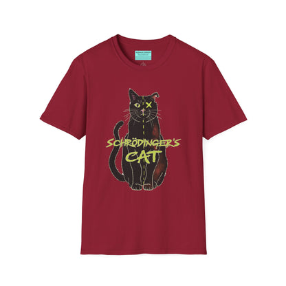 Red unisex short-sleeve tee featuring the infamous Schrödinger’s cat—half-alive, half-dead, and fully committed to quantum confusion. The feline paradox lounges proudly beneath the words "Schrödinger's Cat," because science jokes are both alive and kicking and six feet under.