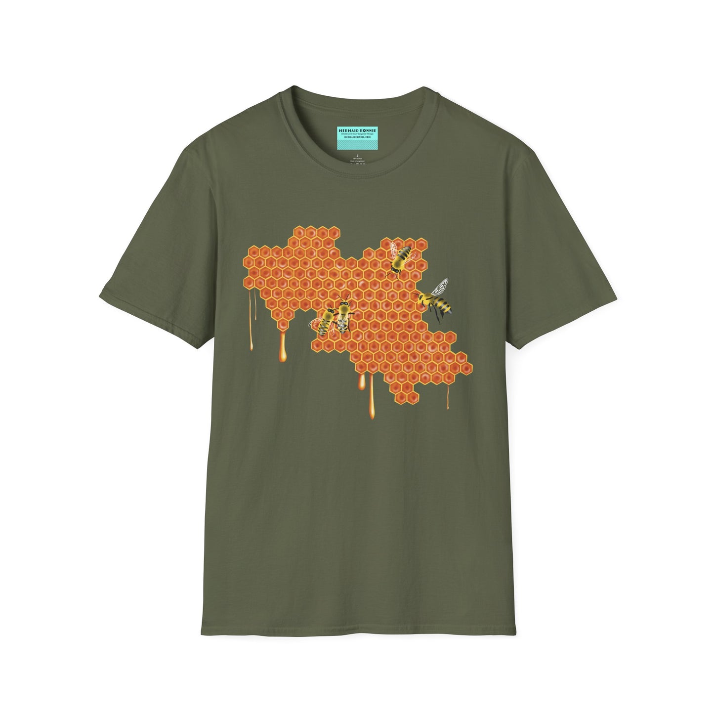 Military green t-shirt featuring a picture of honeybees buzzing around a large piece of honeycomb with honey dripping down from it.