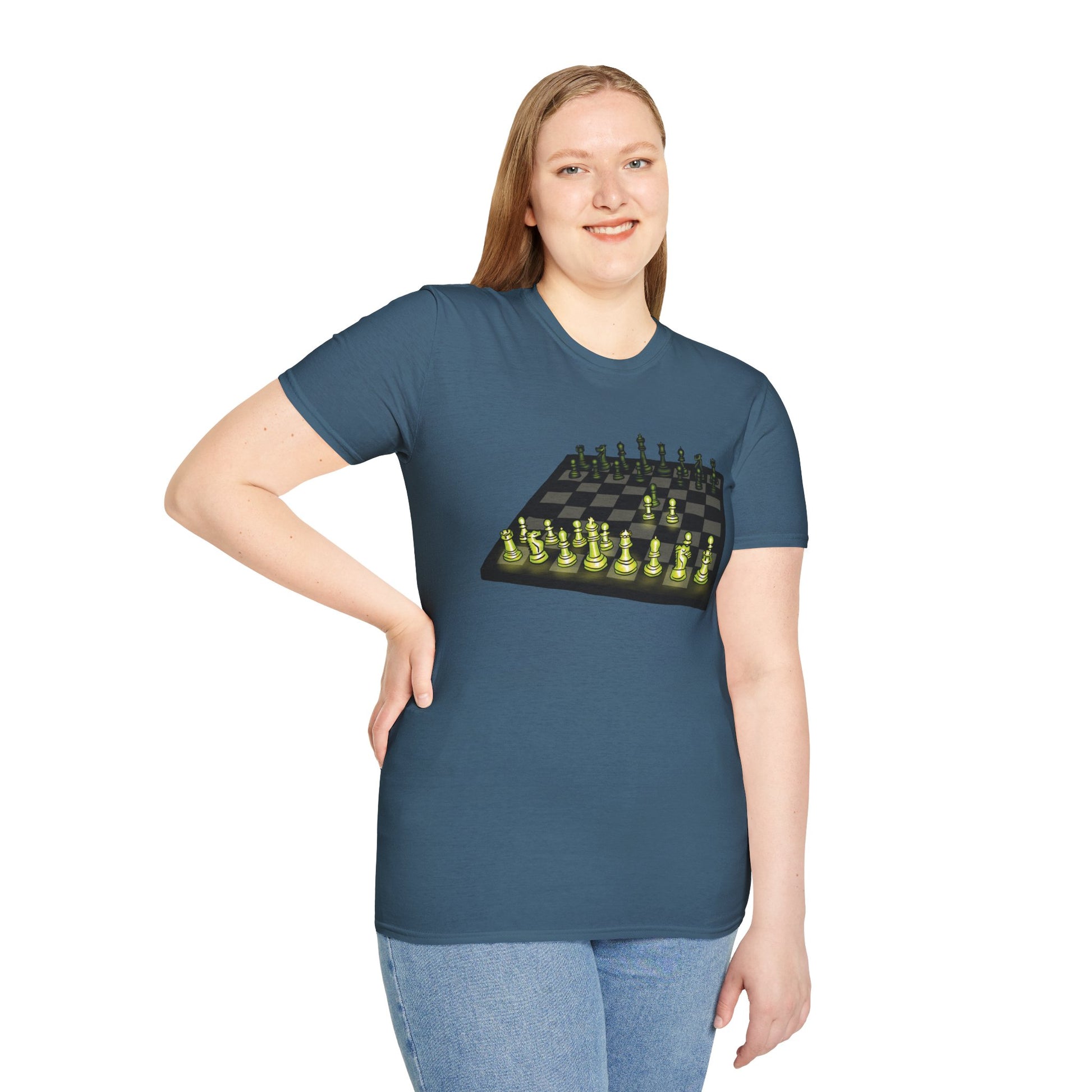Woman wearing a indigo blue unisex short-sleeve t-shirt featuring an electrifying chess board with glowing pieces mid–Queen’s Gambit, because nothing says “checkmate” like opening with flair and a radiant strategy.