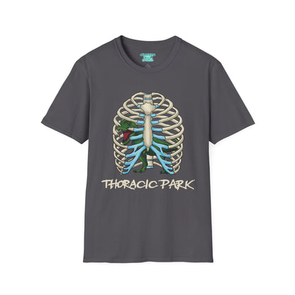 Thoracic Park T-Shirt, T-Rex Dinosaur in Rib Cage Graphic Tee, Unisex Short Sleeve