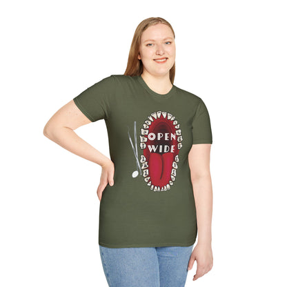 Dental Professional T-Shirt, Open Wide Design with Teeth and Dental Tools for Dentists and Dental Hygienists