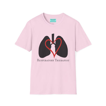 Light pink unisex short sleeve t-shirt with a graphic illustration of a heart and lungs; the words "respiratory therapist" are printed below the design.