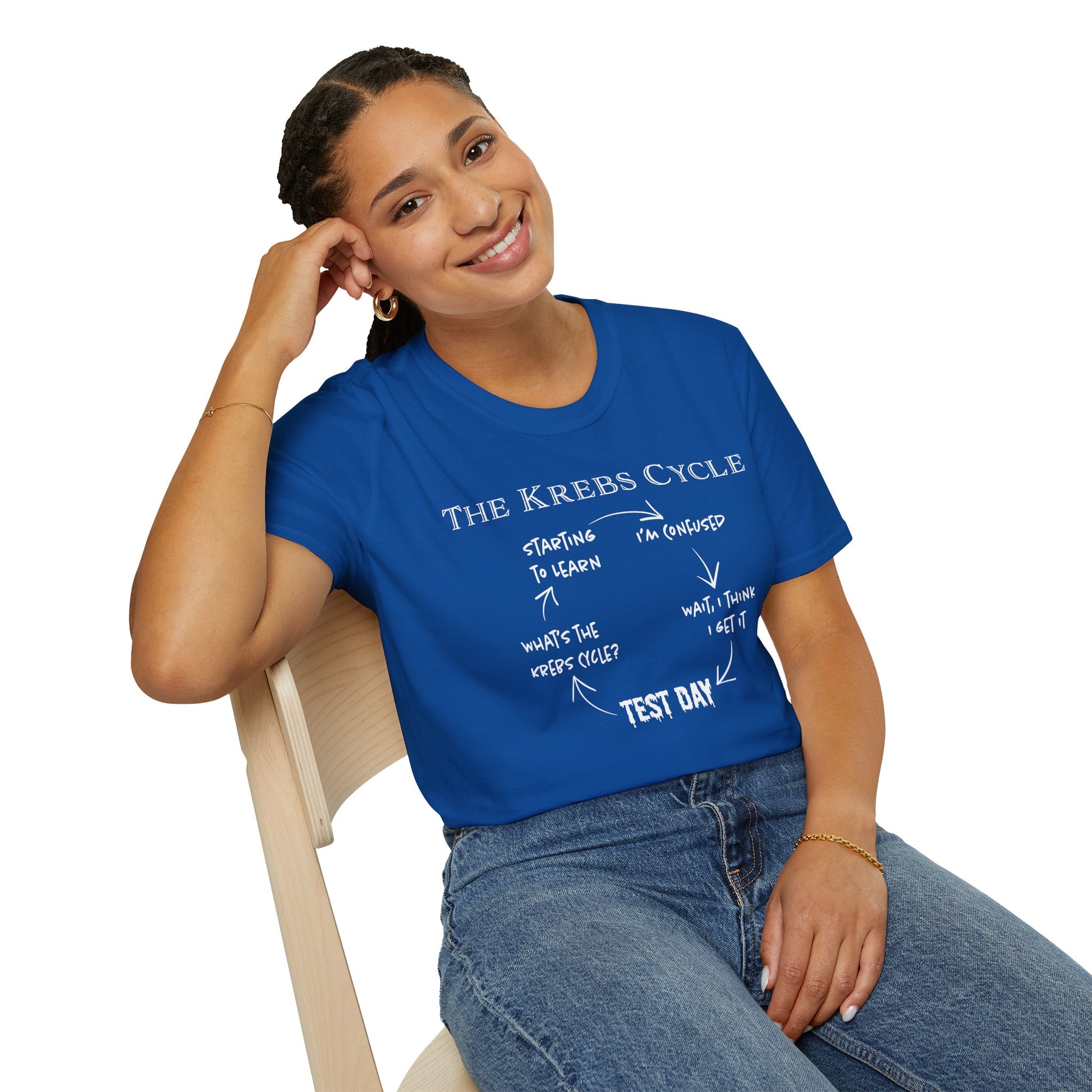 Woman wearing a blue short-sleeve unisex t-shirt with the text “The Krebs Cycle” above a circular diagram that pokes fun at how impossible it is to memorize the citric acid cycle—because biochemistry builds character... and tears.