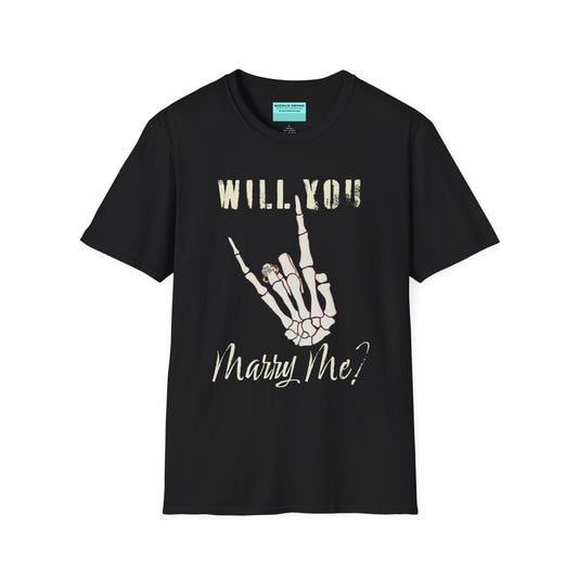 Black t-shirt featuring a drawing of a skeleton hand making the rock and roll hand symbol, with a diamond ring on the ring finger and the phrase 'Will you marry me?